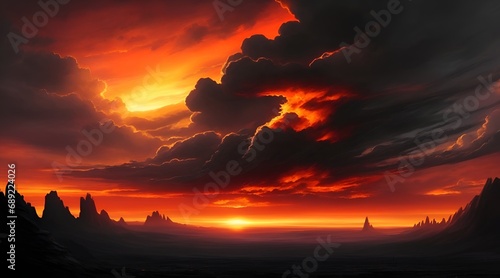Sunset is a deep black. Evening sky with dramatic clouds. Space for design in fiery sky. The sky is a magical fantasy. Concept of war  warfare  dread  world catastrophe  and horror