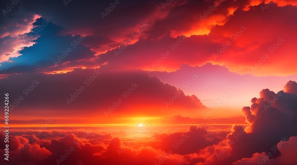 Sunset is a deep black. Evening sky with dramatic clouds. Space for design in fiery sky. The sky is a magical fantasy. Concept of war, warfare, dread, world catastrophe, and horror