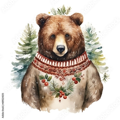 Generative AI, cute wild bear animal, Christmas hat and ugly sweaters, watercolor style.