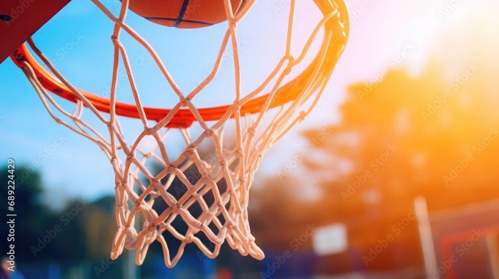 A basketball ball is being launched at a basketball hoop, in the style of contrasting,