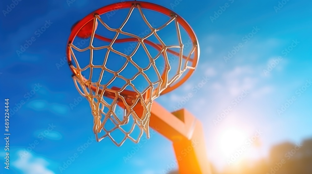 A basketball basket with a ball on a blue sky background. Transparent plastic basketball shield on the outdoor basketball court.
