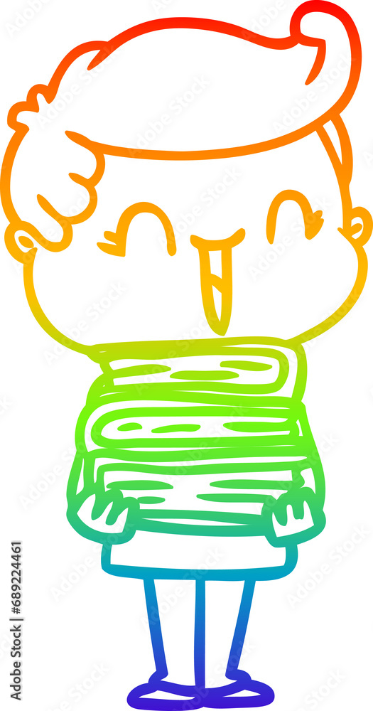 rainbow gradient line drawing of a cartoon laughing boy carrying books rainbow gradient line drawing of a cartoon laughing boy carrying books