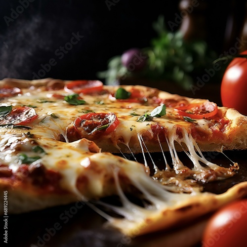 a pizza with tomatoes,cheese, olives and basil