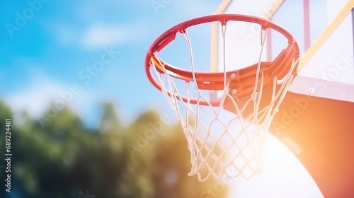 A basketball basket with a ball on a blue sky background.  © Thuch