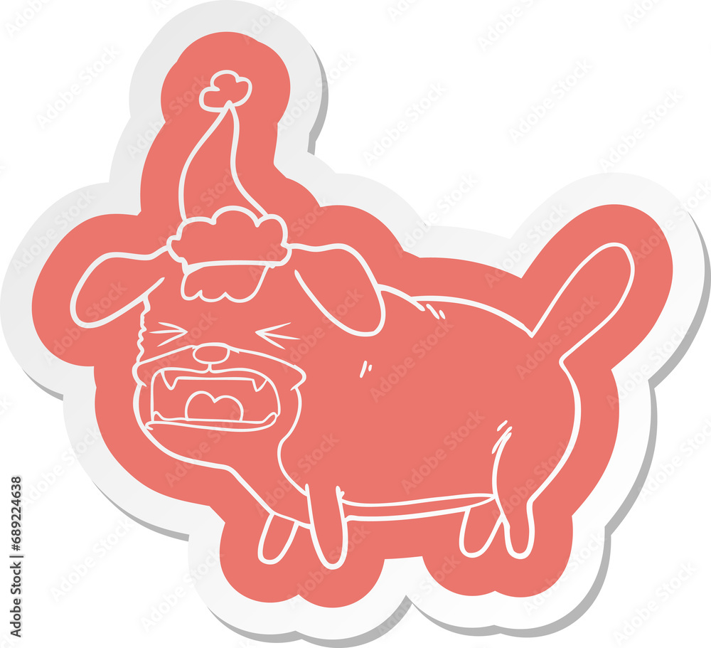 quirky cartoon sticker of a dog barking wearing santa hat quirky cartoon sticker of a dog barking wearing santa hat