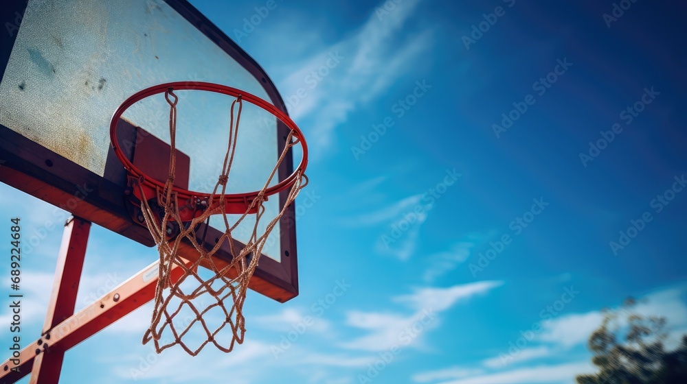 A basketball hoop set against the backdrop of a vivid blue sky, light color, 