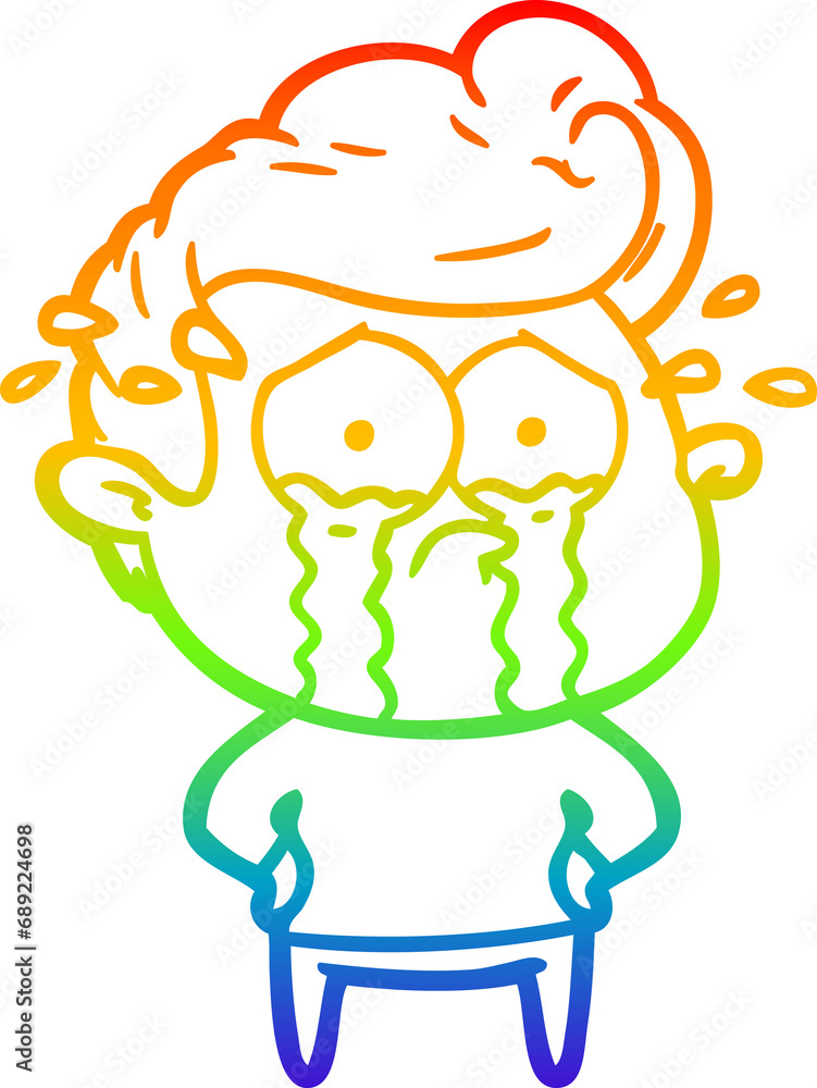 rainbow gradient line drawing of a cartoon crying man