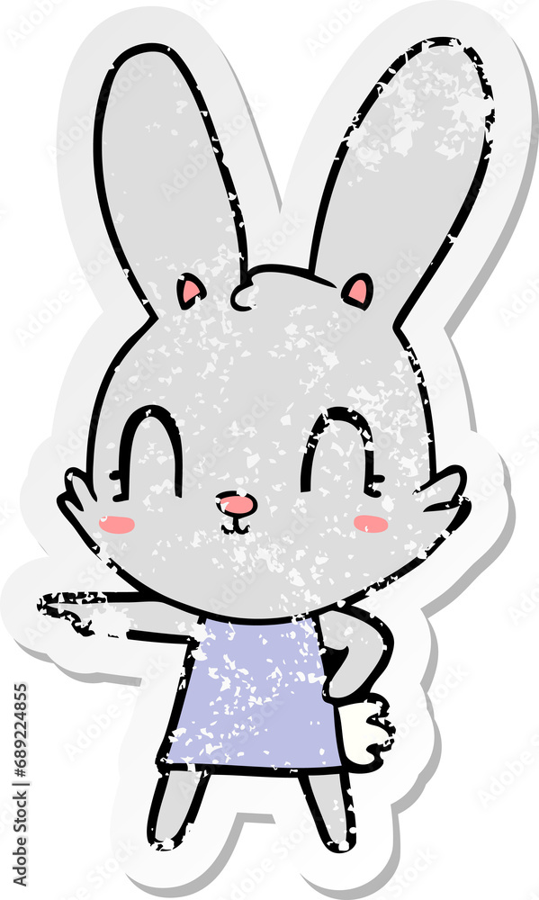 distressed sticker of a cute cartoon rabbit in dress distressed sticker of a cute cartoon rabbit in dress