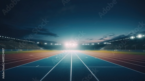 An empty outdoor running track at night with the stadium lights shining. From the perspective on the 100 meter