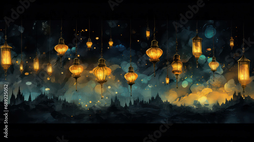 Lantern night celebration background design light festival greeting illustration art background religion lamp photo