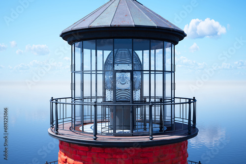 Majestic Red-Bricked Lighthouse Beacon Towering Over Peaceful Sea