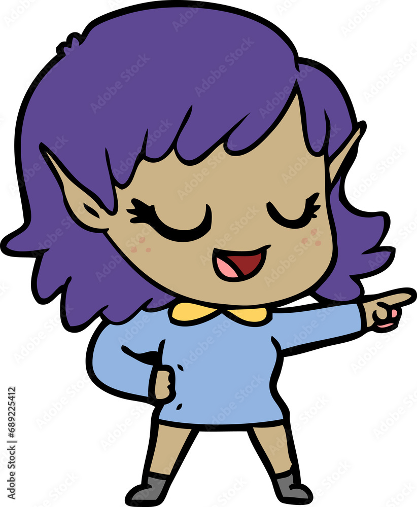 happy cartoon elf girl pointing happy cartoon elf girl pointing
