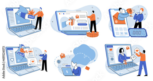 Digital marketing vector illustration. Occupations in digital marketing encompass wide range roles and responsibilities Commercial success in digital landscape relies on innovative marketing