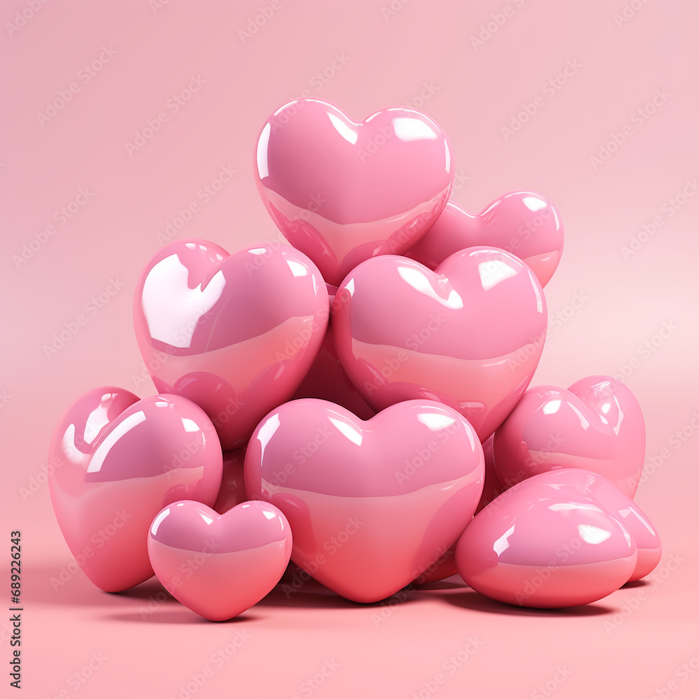 3D pink hearts on a pink background. Decorative element for Valentine's Day