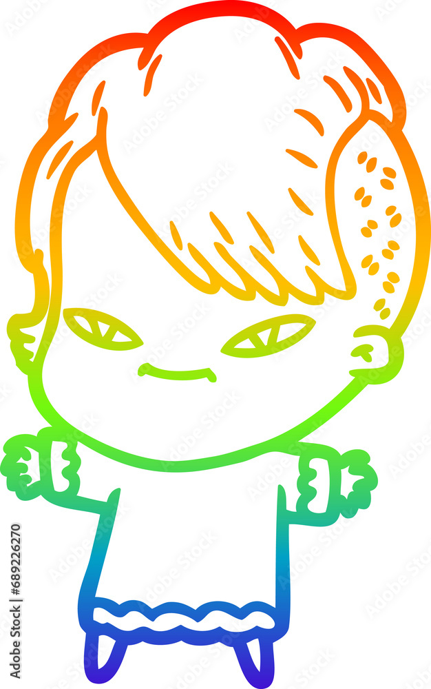 rainbow gradient line drawing of a cute cartoon girl with hipster haircut rainbow gradient line drawing of a cute cartoon girl with hipster haircut