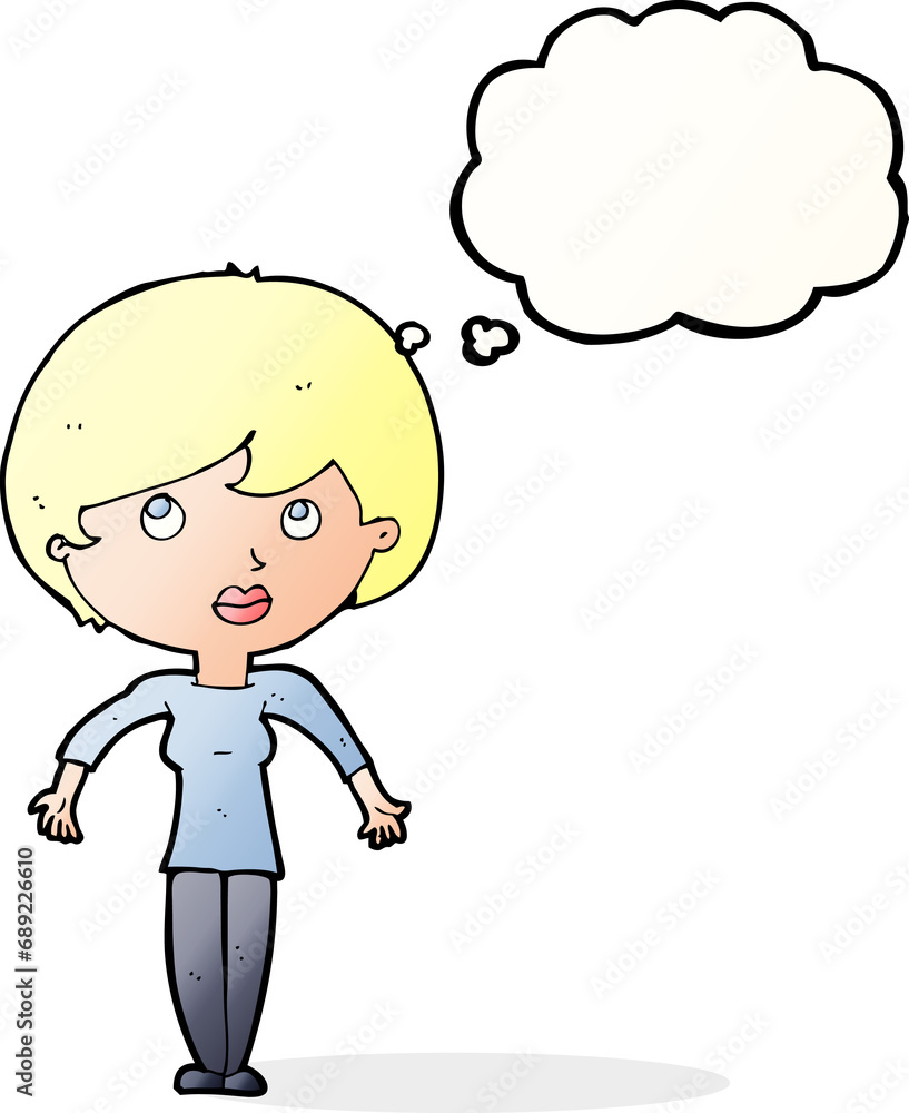 cartoon woman shrugging shoulders with thought bubble cartoon woman shrugging shoulders with thought bubble