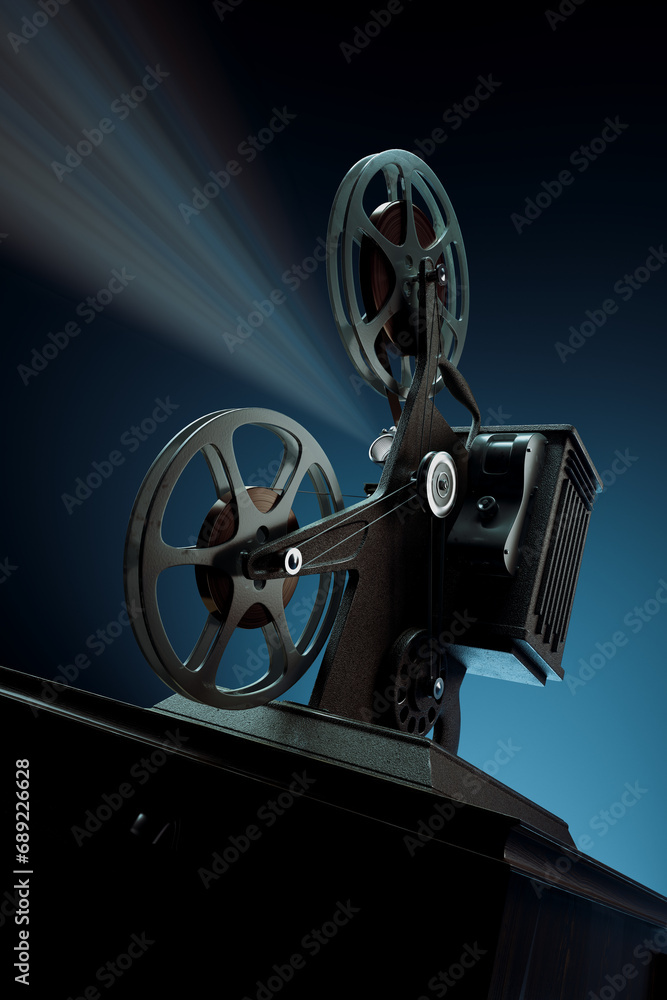 Nostalgic Vintage Film Projector Casting Illuminated Light Rays in Darkness