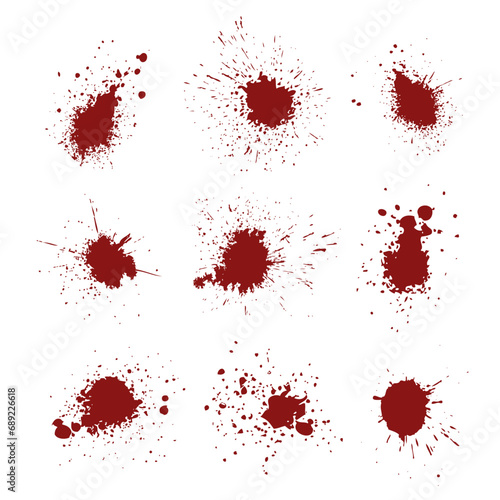 Red blood spot with drops set. Paint ink stains, blots, splashes and splatters. Vector abstract dirty marks, grunge liquid texture