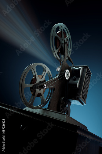 Obraz na płótnie Nostalgic Vintage Film Projector Casting Illuminated Light Rays in Darkness w salonie