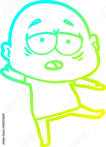 cold gradient line drawing of a cartoon tired bald man