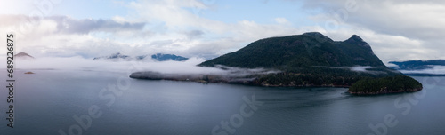 Howe Sound with Canadian Mountain Landscape Nature Aerial Background.