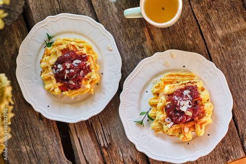 Curd waffles with strawberry sauce. Waffles with strawberry sauce. Top view.