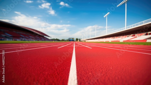 Red running track at stadium, my view from the start of a 100 metres race.  photo