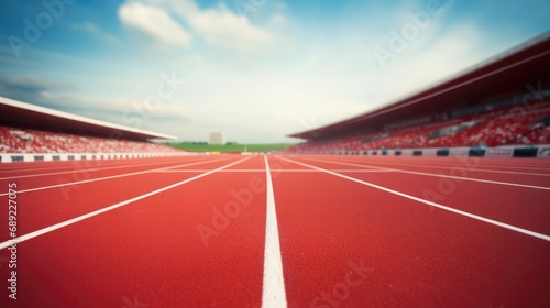 Red running track at stadium, my view from the start of a 100 metres race. all is blurred outside of 10 meters. photo