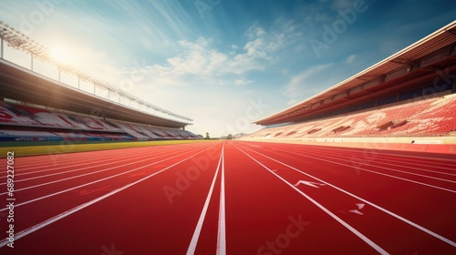 Red race track used for athletics photorealistic image captured by a Hasselblad camera and a 75mm lens at ISO100 