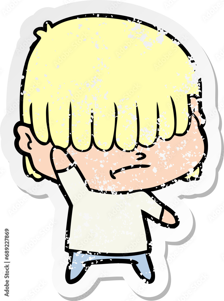 distressed sticker of a cartoon boy with untidy hair
