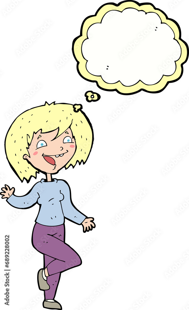 cartoon laughing woman with thought bubble