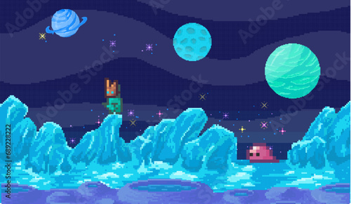 Space game. Vector illustration. The cosmic setting in game creates sense awe and wonderment Piloting spaceship or starship is fundamental part space game concept The game presents futuristic vision