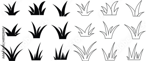 Black flat Lawn grass Icons Set. Cartoon of plants and shrub for boarding and framing, eco and organic logo elements. Spring field planting shape lawn or garden editable stock, Transparent background.