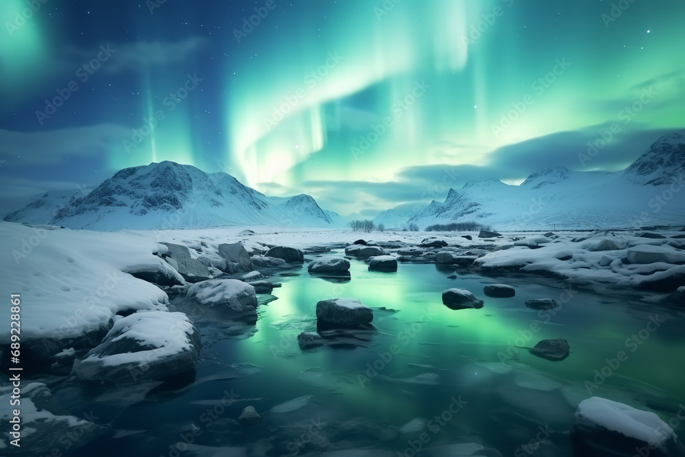 An icy tundra landscape under the mesmerizing northern lights - with the vivid auroras illuminating the frozen wilderness - highlighting the stark beauty of the polar night sky.