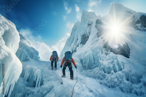 Adventurous ice climbers ascending steep frozen cliffs - engaging in a challenging and adrenaline-fueled winter sport - set against the backdrop of treacherous icy terrain. © Davivd