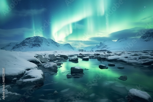 An icy tundra landscape under the mesmerizing northern lights - with the vivid auroras illuminating the frozen wilderness - highlighting the stark beauty of the polar night sky.