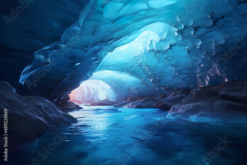 Adventurers exploring a mesmerizing ice cave with surreal blue ice and hidden chambers - delving into the natural wonder and mysterious depths of this frozen spelunking site.