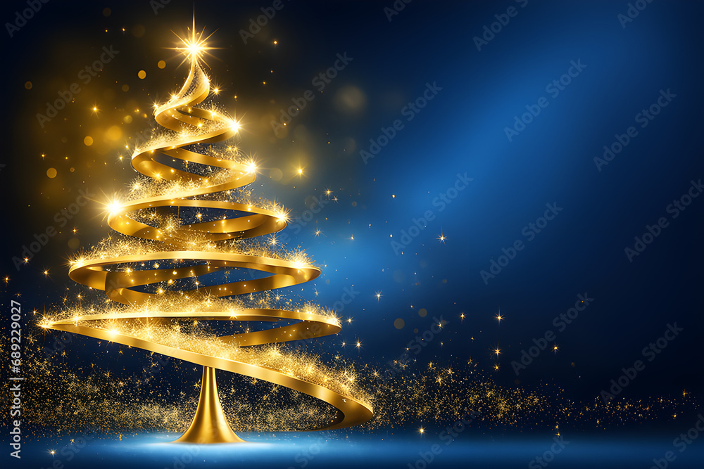 Gold Christmas tree left side of the background on a blue abstract background, style of energetic abstracts. photo Playground AI platform.