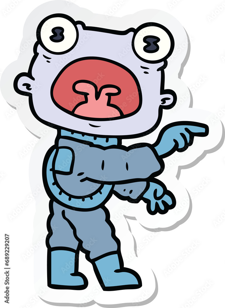 sticker of a cartoon weird alien communicating