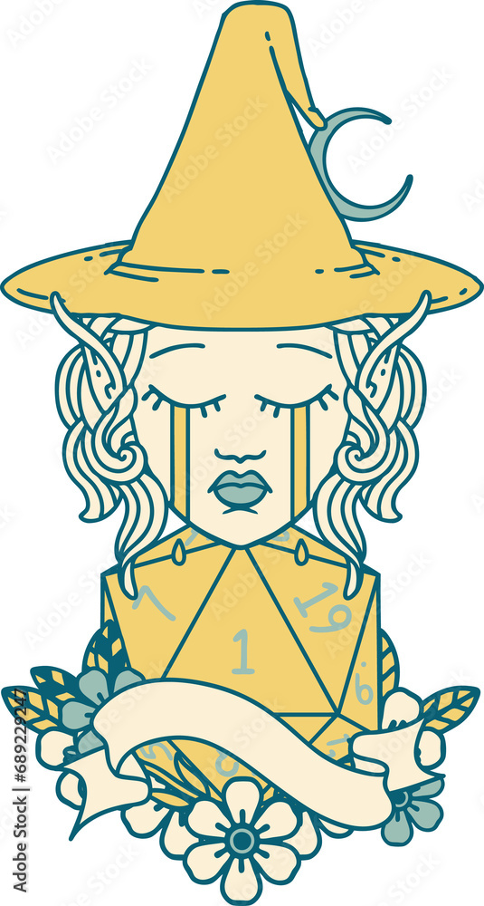 Retro Tattoo Style crying elf mage character face with natural one D20 roll Retro Tattoo Style crying elf mage character face with natural one D20 roll