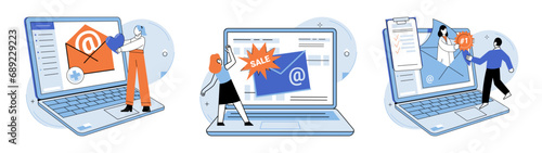 Email marketing vector illustration. Cyberspace serves as vast virtual marketplace where email marketing messages can reach global audience The internet and web technologies have transformed landscape