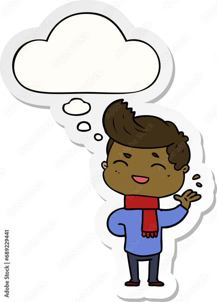 cartoon man laughing with thought bubble as a printed sticker cartoon man laughing with thought bubble as a printed sticker
