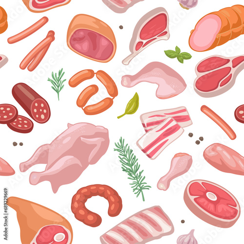 Seamless pattern meat products. Bacon slice, sausage, ribs,  different types steak, haunch, parts fresh raw chicken.
Vector color vector illustration. Icon isolated on white