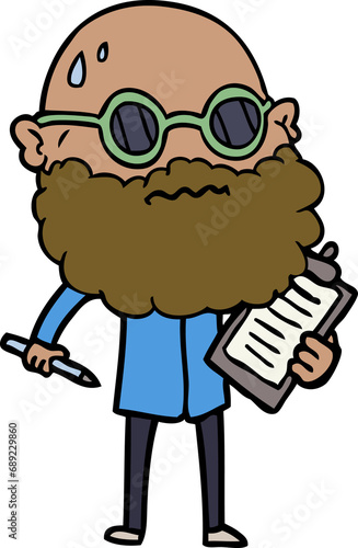 cartoon worried man with beard and sunglasses taking survey