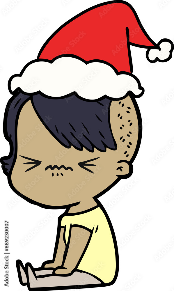 hand drawn line drawing of a annoyed hipster girl wearing santa hat hand drawn line drawing of a annoyed hipster girl wearing santa hat