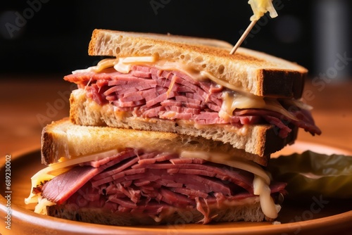 Closeup macro shot of New york style pastrami beef rye reuben sandwich with corn beef pastrami and swiss cheese