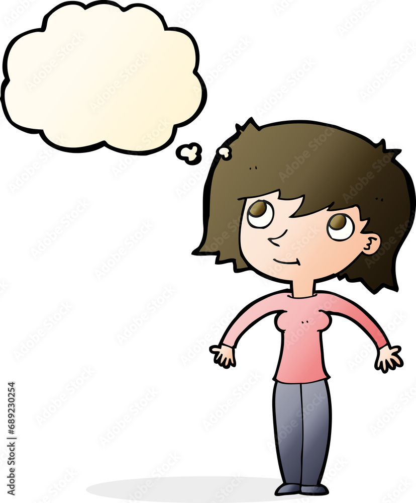 cartoon woman shrugging with thought bubble cartoon woman shrugging with thought bubble