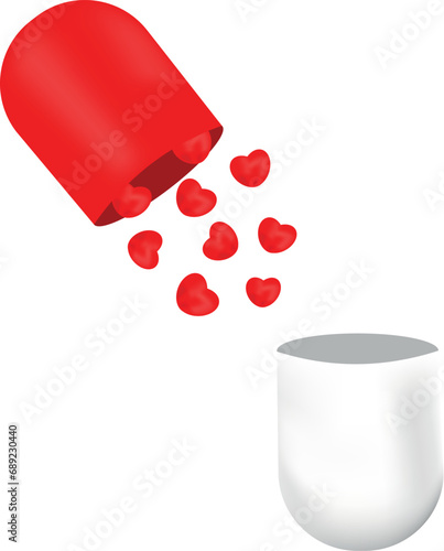 red and white pill with hearts falling out of it