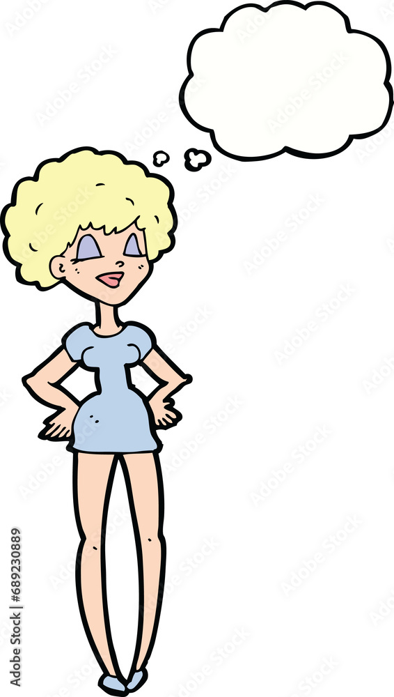cartoon happy woman with hands on hips with thought bubble