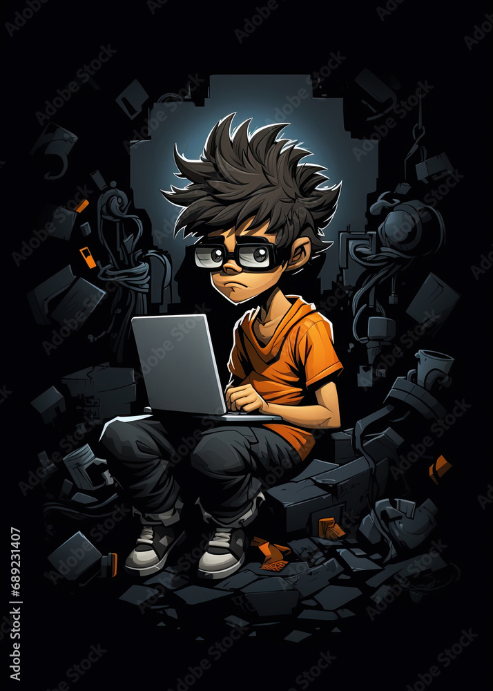 Young kid hacker. Cyber crime. Data stealing. Web fraud concept. Generative Ai Young kid hacker. Cyber crime. Data stealing. Web fraud concept. Generative Ai